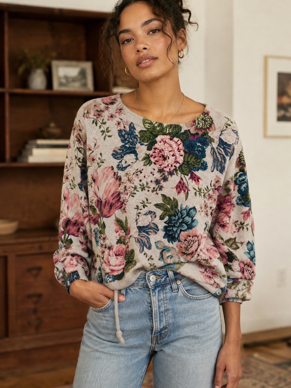 Angel of the North Anthropologie Floral Knit Pullover Sweater
